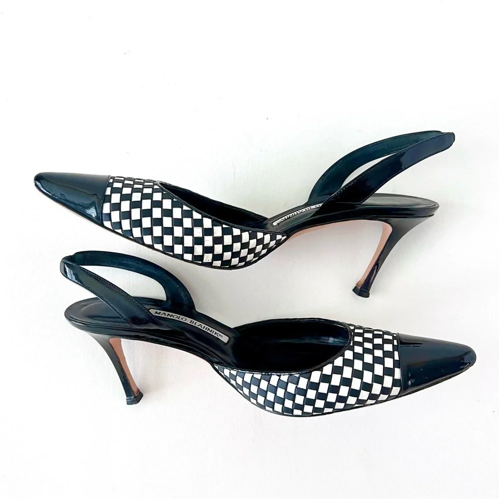 MANOLO BLAHNIK | Carolyne Cap Toe Woven Leather SlingBack Pointed Pumps - Picture 13 of 16